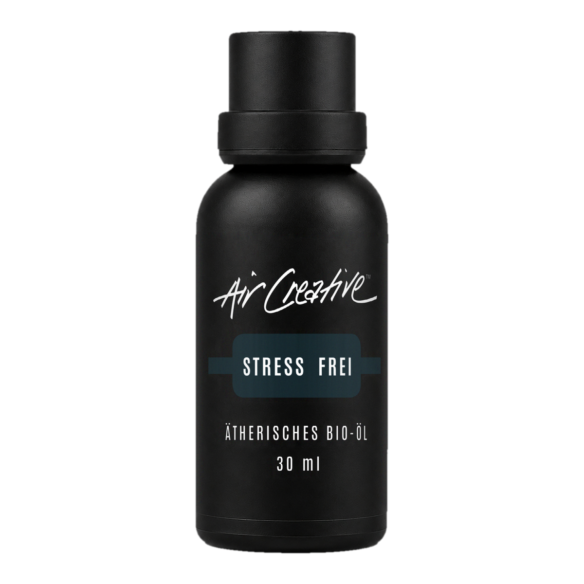 Ätherisches BIO-Öl "Stress frei" 30ml von Air Creative – Braunglasflasche auf weißem Hintergrund