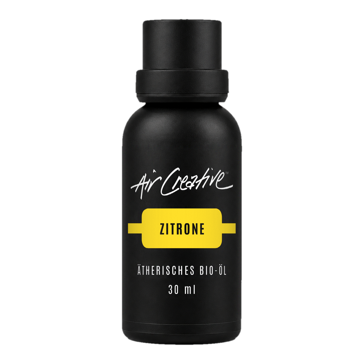 Ätherisches BIO-Öl "Zitrone" 30ml von Air Creative – Braunglasflasche auf weißem Hintergrund