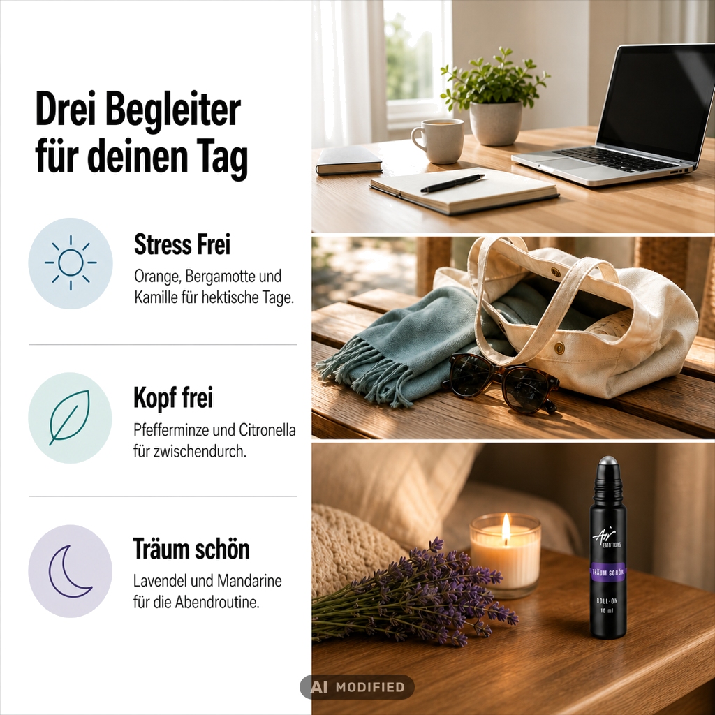 Drei Begleiter für deinen Tag: Stress Frei mit Orange und Kamille, Kopf frei mit Pfefferminze, Träum schön mit Lavendel