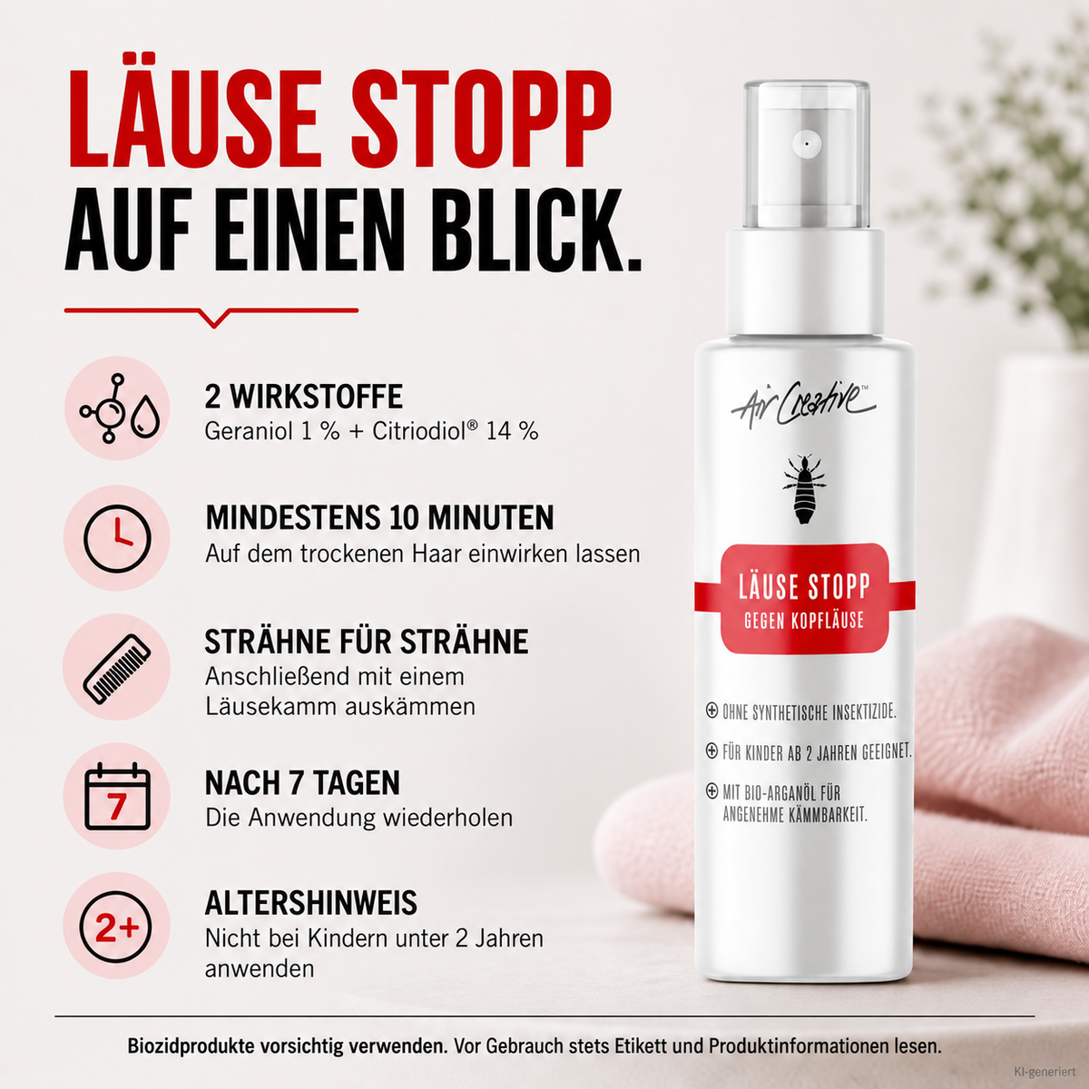 Läuse Stopp Kopfhautspray: fünf Fakten zu Wirkstoffen, Einwirkzeit und Altershinweis auf einen Blick