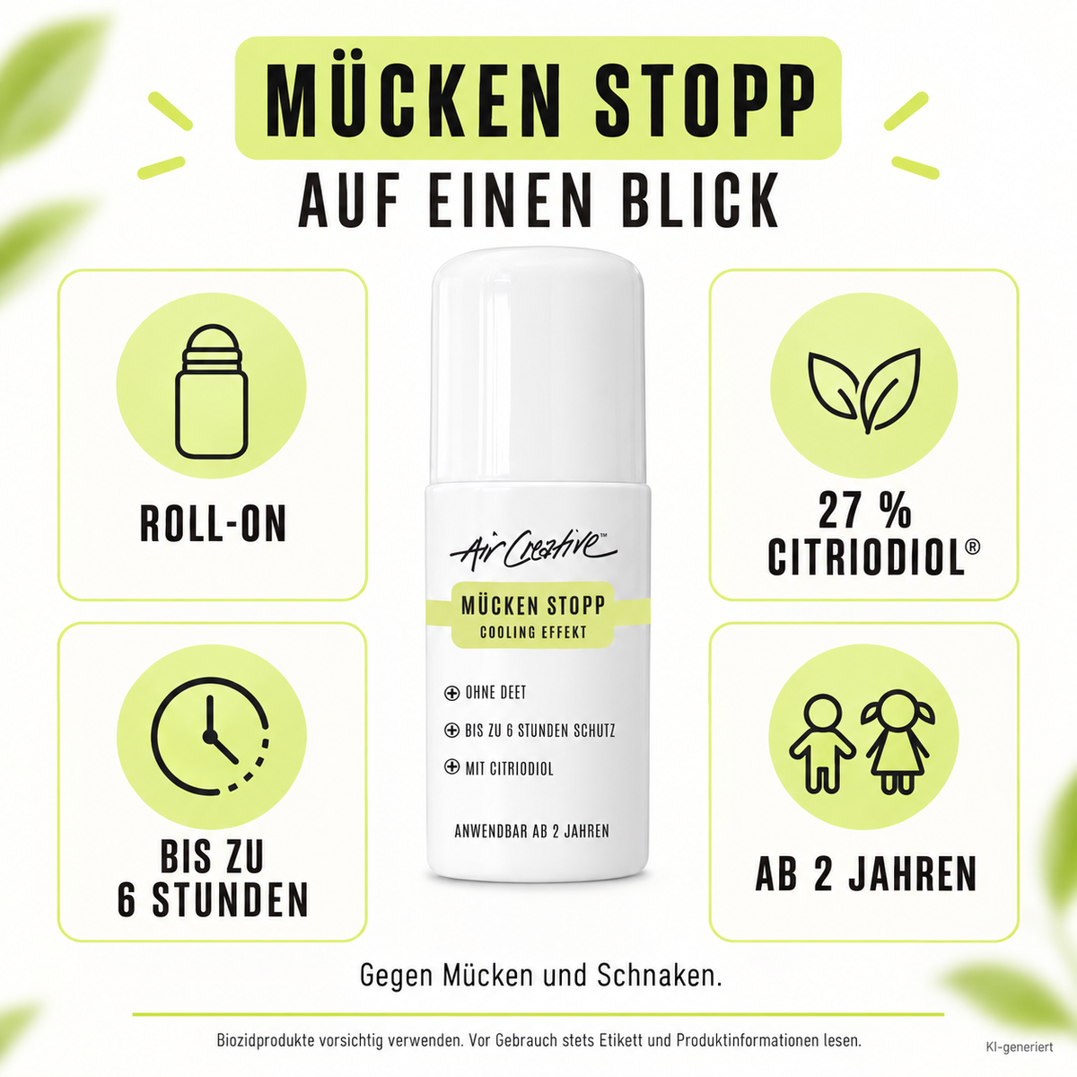 Roll-On Mücken Stopp auf einen Blick: 27 % Citriodiol®, bis zu 6 Stunden, ab 2 Jahren