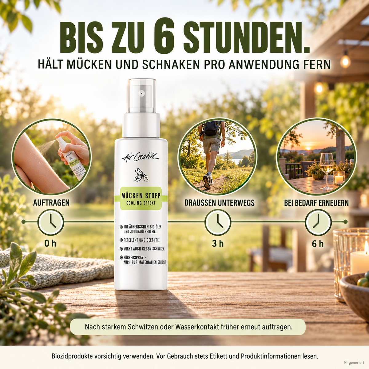 Wirkdauer des Mücken Stopp Körpersprays: bis zu 6 Stunden pro Anwendung