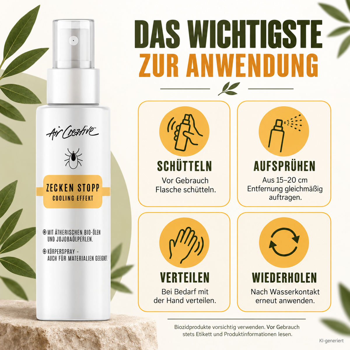Zecken Stopp Körperspray anwenden: schütteln, aufsprühen, verteilen und wiederholen