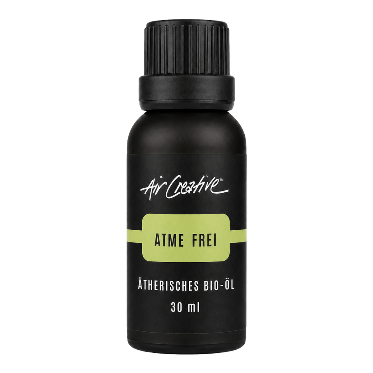 Ätherisches BIO-Öl "Atme frei" 30ml von Air Creative – Bio-Öl-Mischung mit Eukalyptus und Cajeput, schwarze Flasche auf weißem Hintergrund