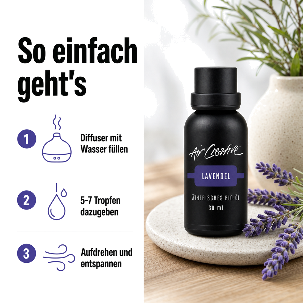 Ätherisches BIO-Öl "Lavendel" 30ml von Air Creative – Anwendung Schritt für Schritt