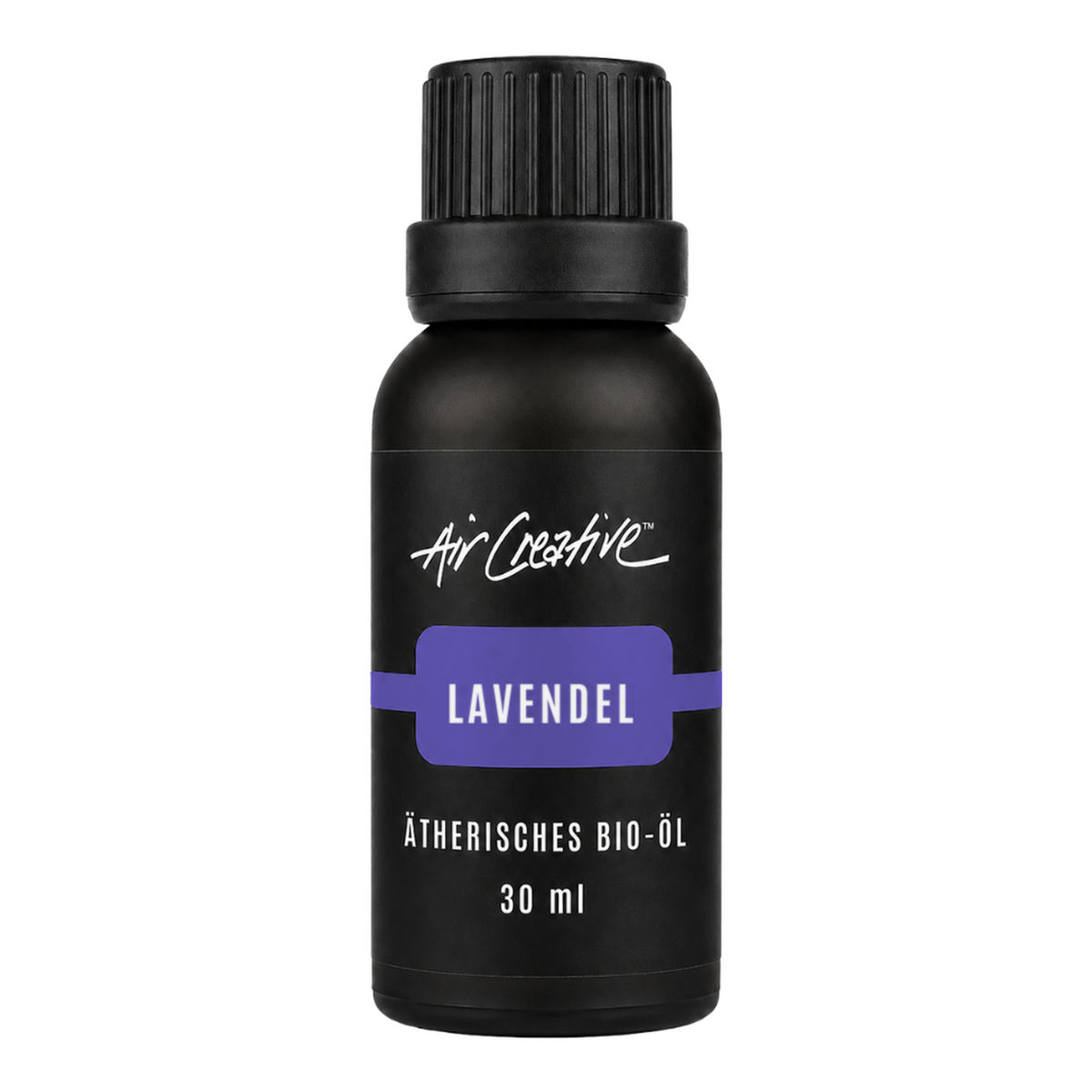 Ätherisches BIO-Öl "Lavendel" 30ml von Air Creative – naturreines Bio-Lavendelöl, schwarze Flasche auf weißem Hintergrund