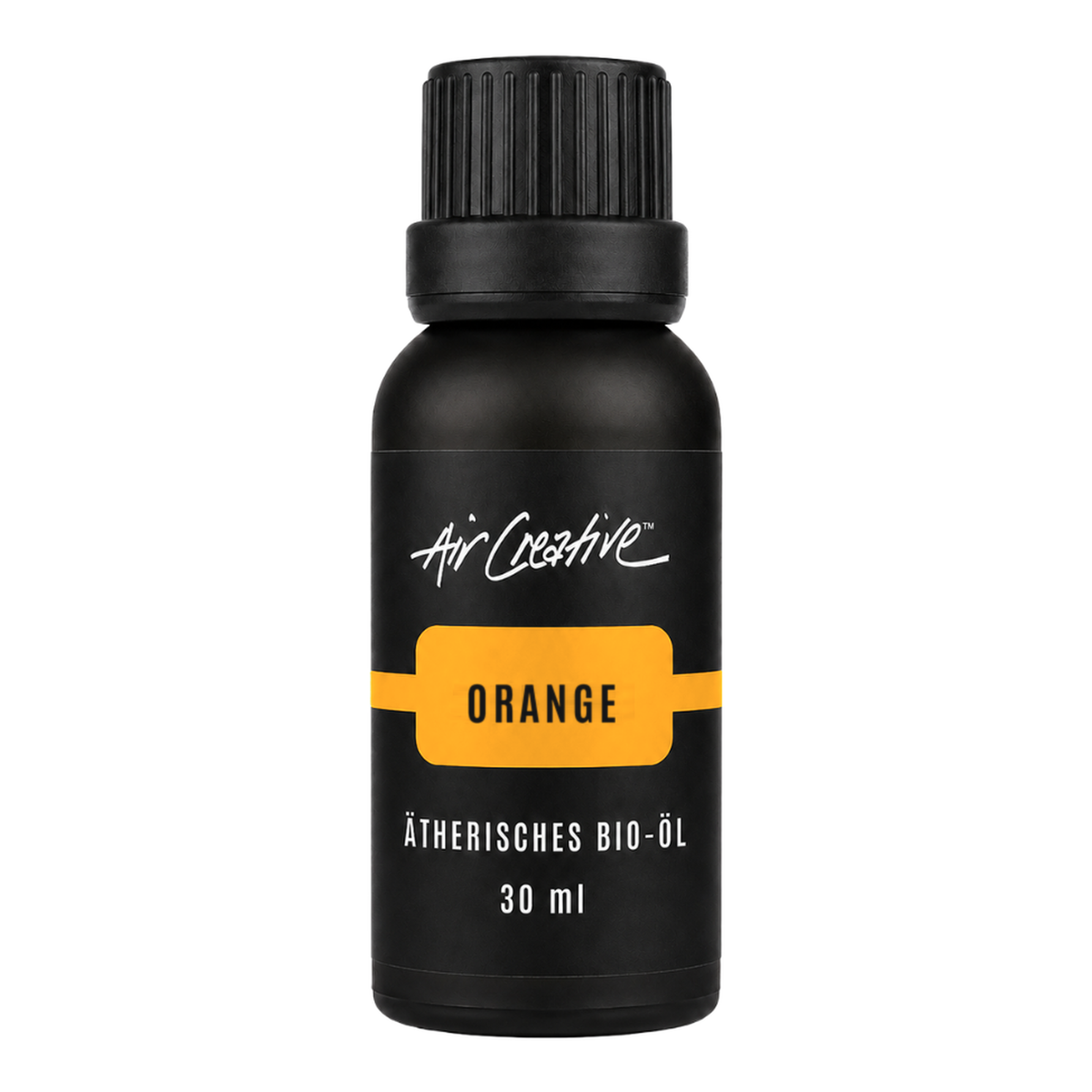 Ätherisches BIO-Öl "Orange" 30ml von Air Creative – naturreines Bio-Orangenöl, schwarze Flasche auf weißem Hintergrund
