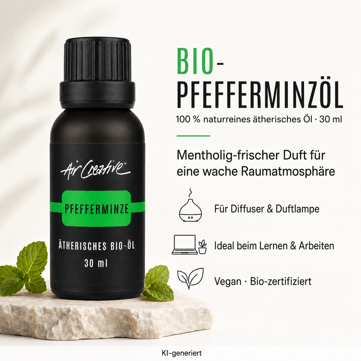 Ätherisches BIO-Öl "Pfefferminze" 30ml von Air Creative - Produktübersicht mit den wichtigsten Eigenschaften