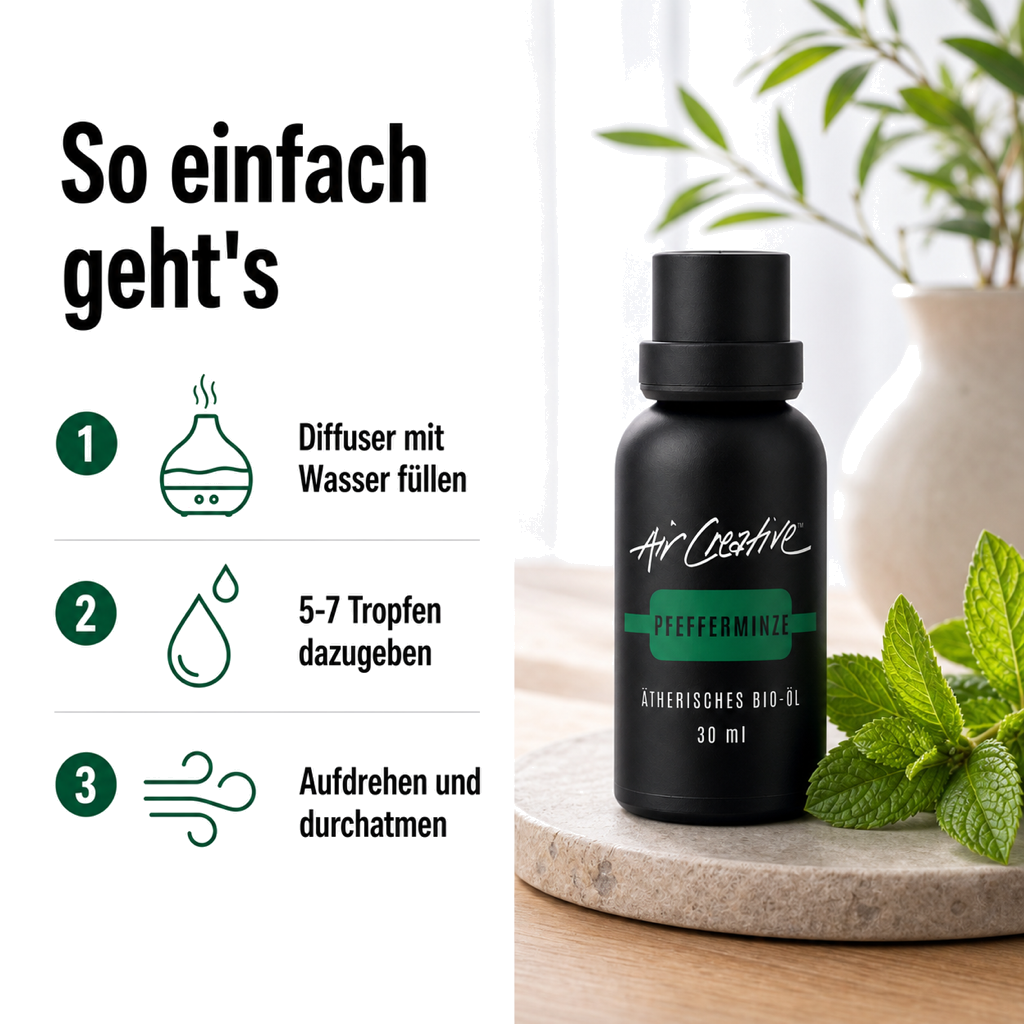 Ätherisches BIO-Öl "Pfefferminze" 30ml von Air Creative – Anwendung Schritt für Schritt