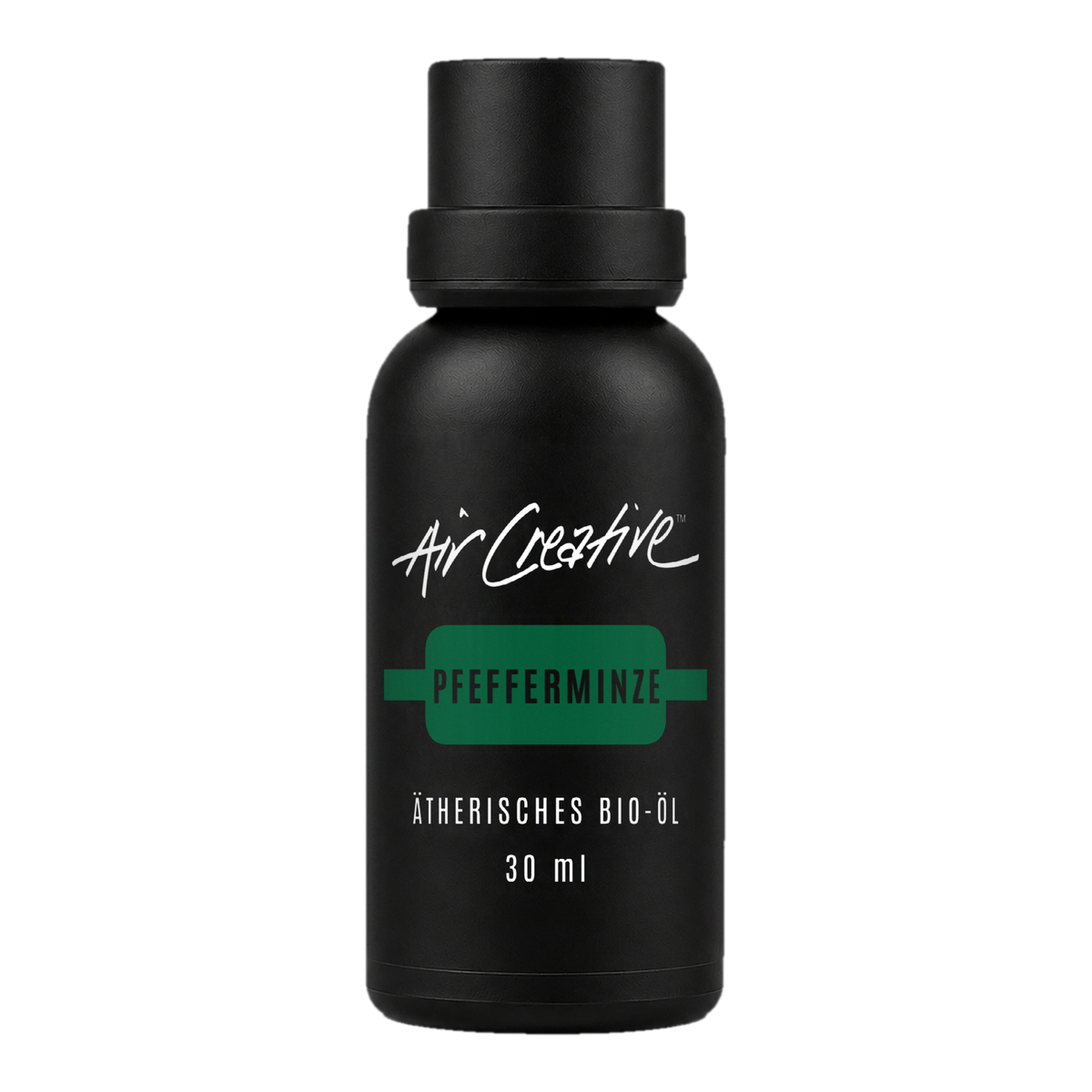 Ätherisches BIO-Öl "Pfefferminze" 30ml von Air Creative – Braunglasflasche auf weißem Hintergrund