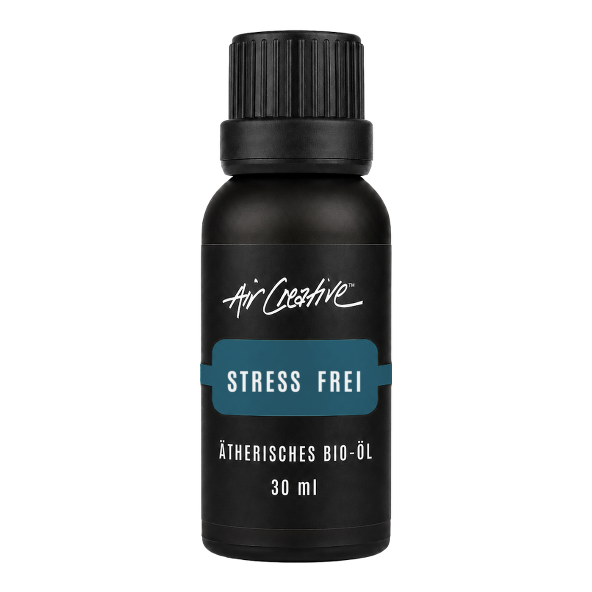 Ätherisches BIO-Öl "Stress frei" 30ml von Air Creative – Bio-Öl-Mischung mit Orange, Bergamotte und Kamille, schwarze Flasche auf weißem Hintergrund