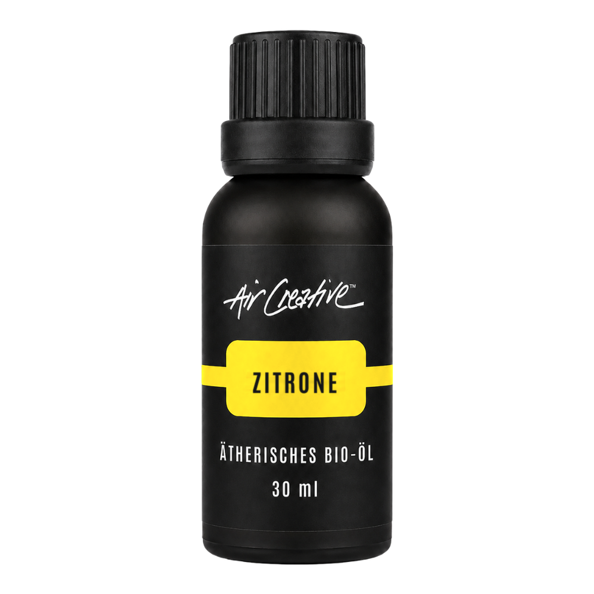 Ätherisches BIO-Öl "Zitrone" 30ml von Air Creative – naturreines Bio-Zitronenöl, schwarze Flasche auf weißem Hintergrund