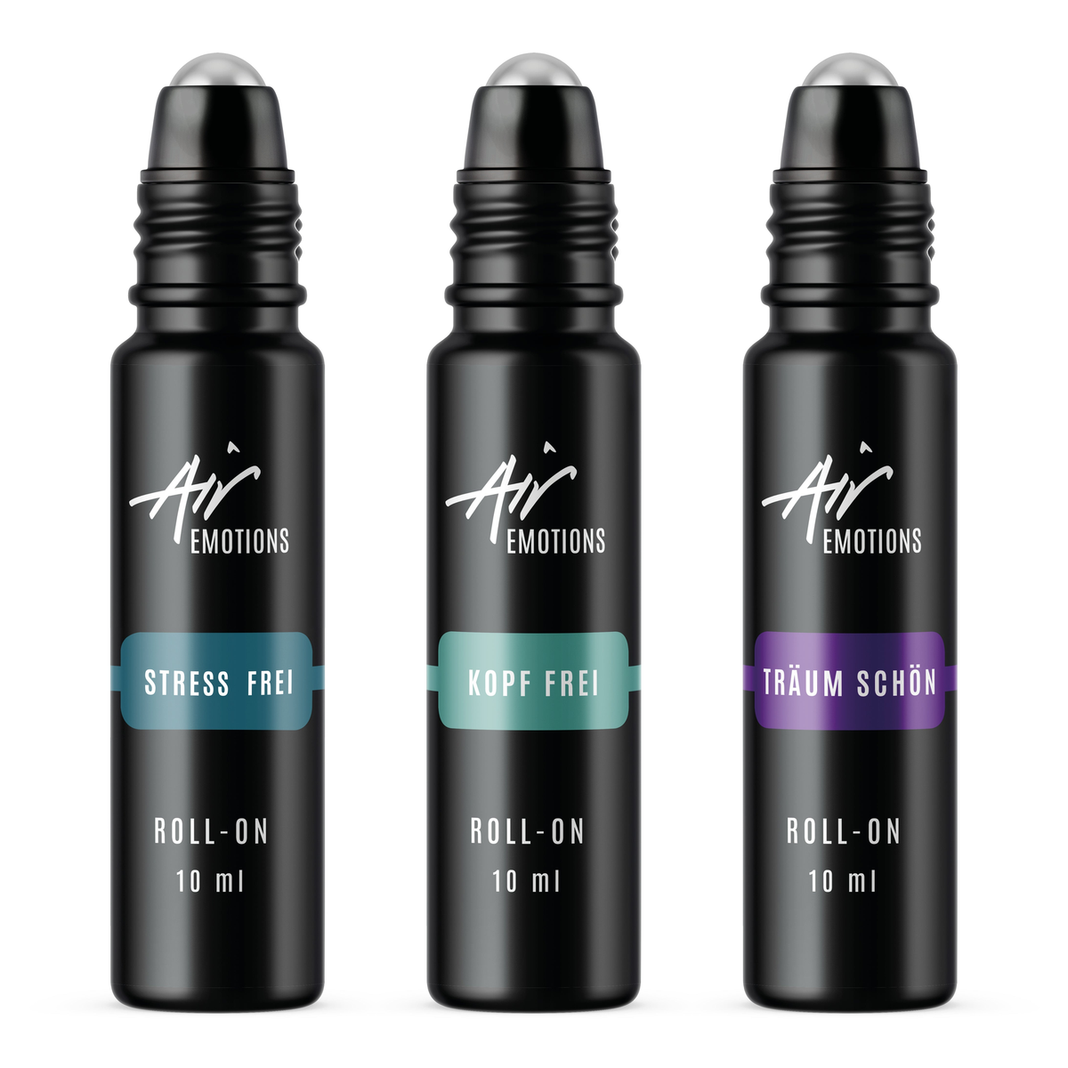Air Creative Balance Set: drei Duft Roll-Ons Stress Frei, Kopf frei und Träum schön, je 10 ml, offene matt-schwarze Flaschen mit Edelstahlkugel