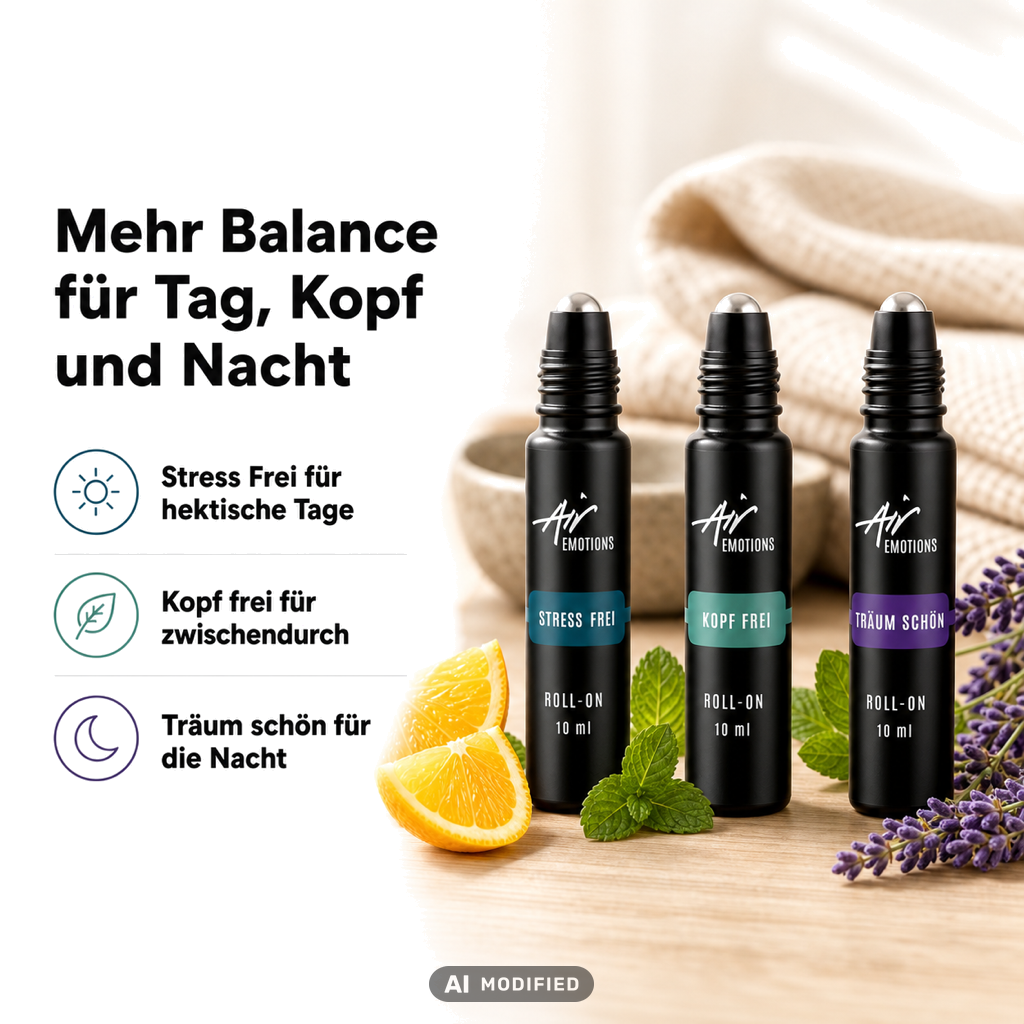 Balance Set von Air Creative: mehr Balance für Tag, Kopf und Nacht - drei Roll-Ons für hektische Tage, zwischendurch und die Nacht
