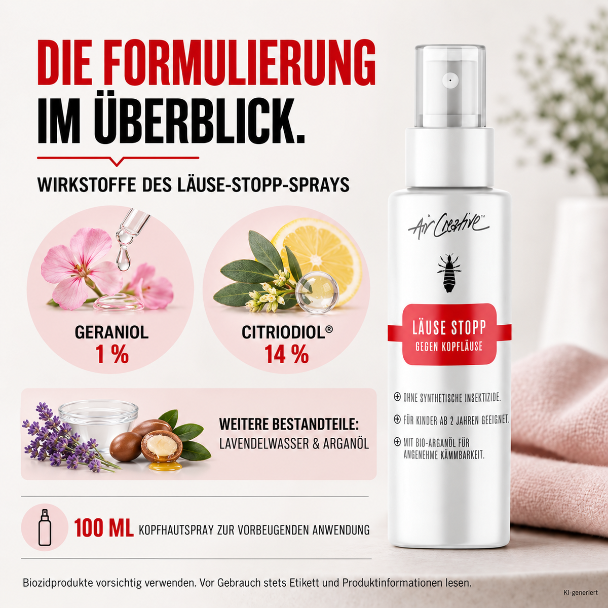 Formulierung des Läuse Stopp Sprays mit Geraniol, Citriodiol®, Lavendelwasser und Arganöl