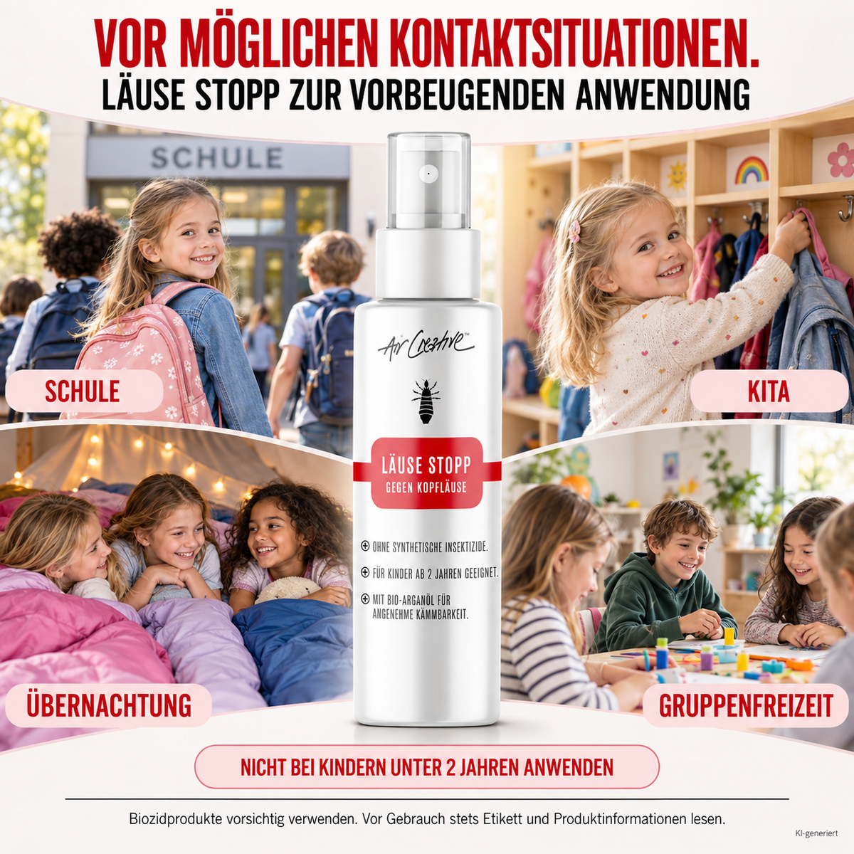 Läuse Stopp vorbeugend anwenden vor Schule, Kita, Übernachtung und Gruppenfreizeit