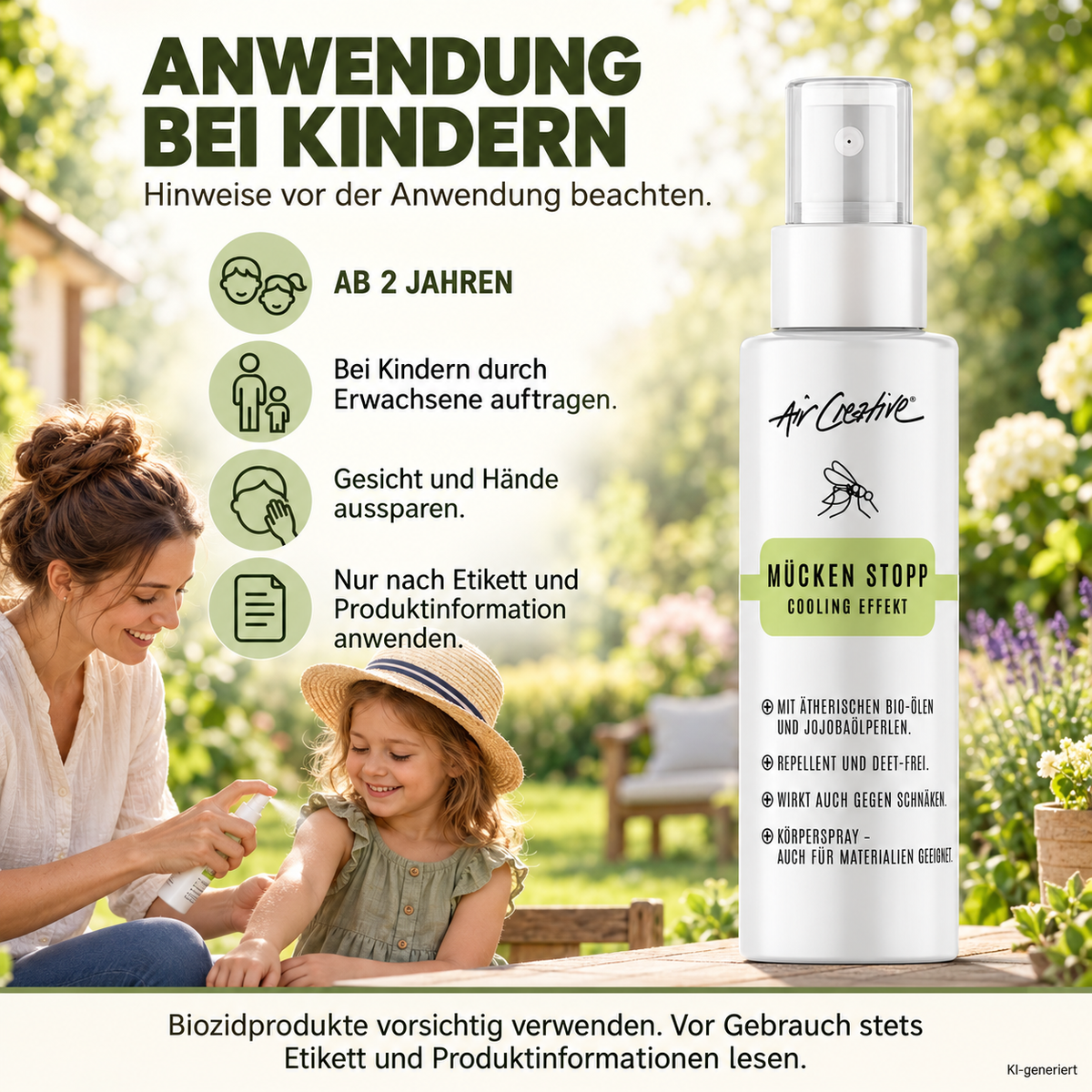 Mücken Stopp Körperspray bei Kindern ab 2 Jahren anwenden - Gesicht und Hände aussparen