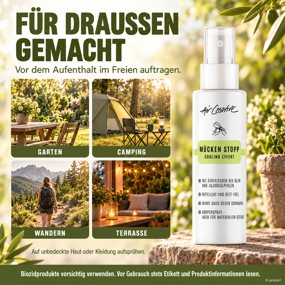 Mücken Stopp Körperspray für Garten, Camping, Wandern und Terrasse