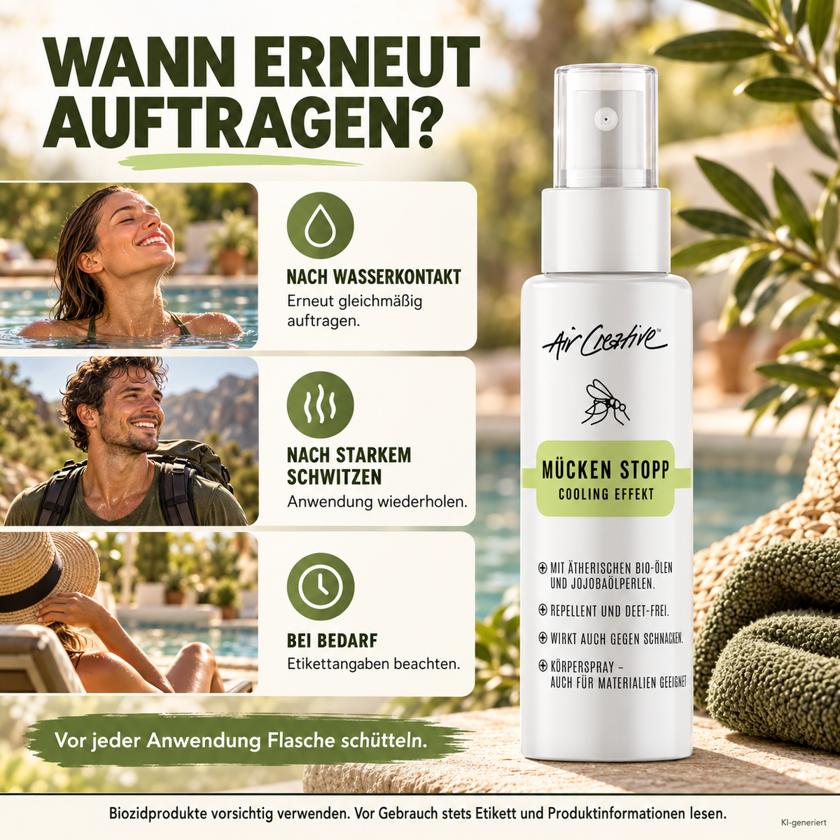 Mücken Stopp Körperspray nach Wasserkontakt und starkem Schwitzen erneut auftragen