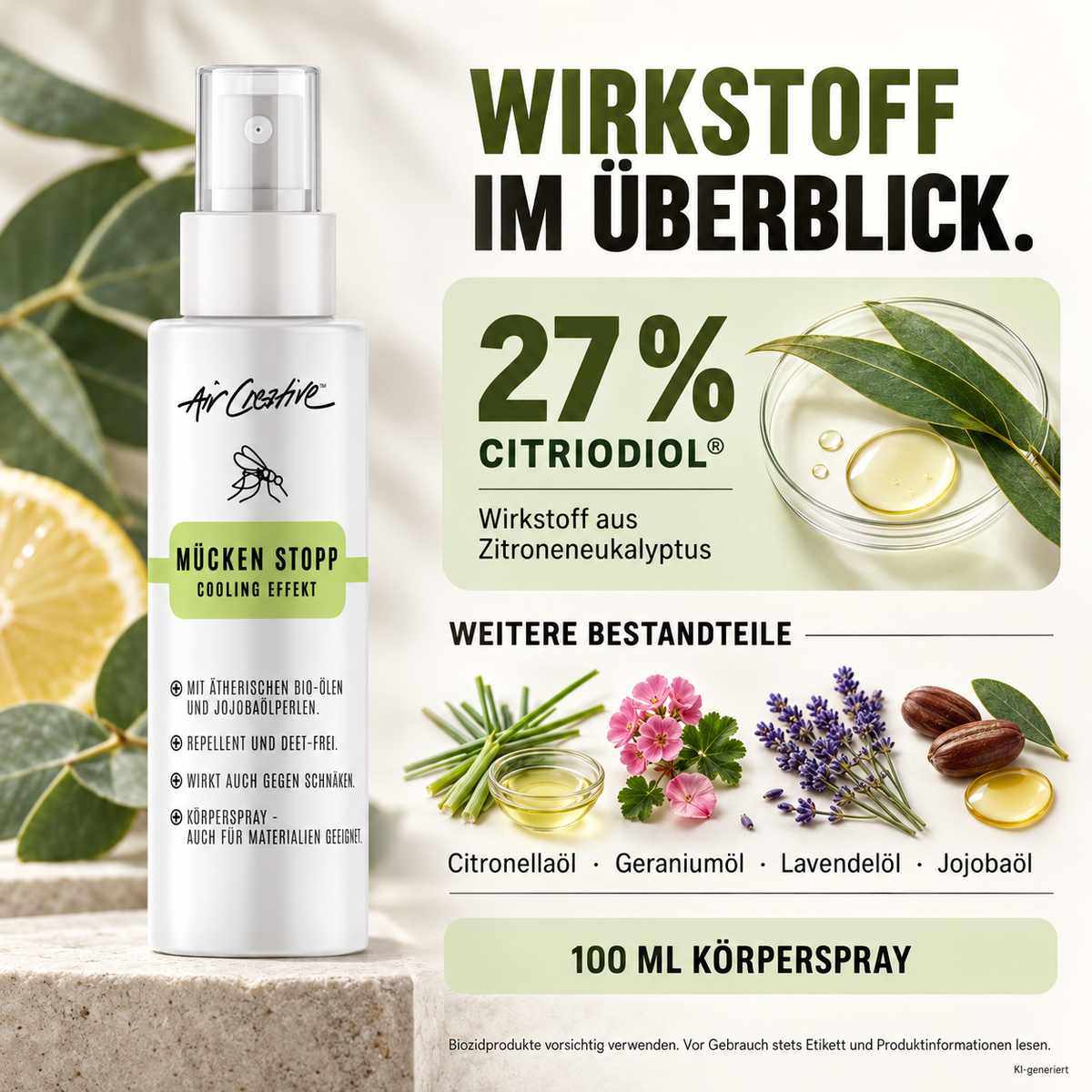 Wirkstoff des Mücken Stopp Körpersprays: 27 % Citriodiol® aus Zitroneneukalyptus