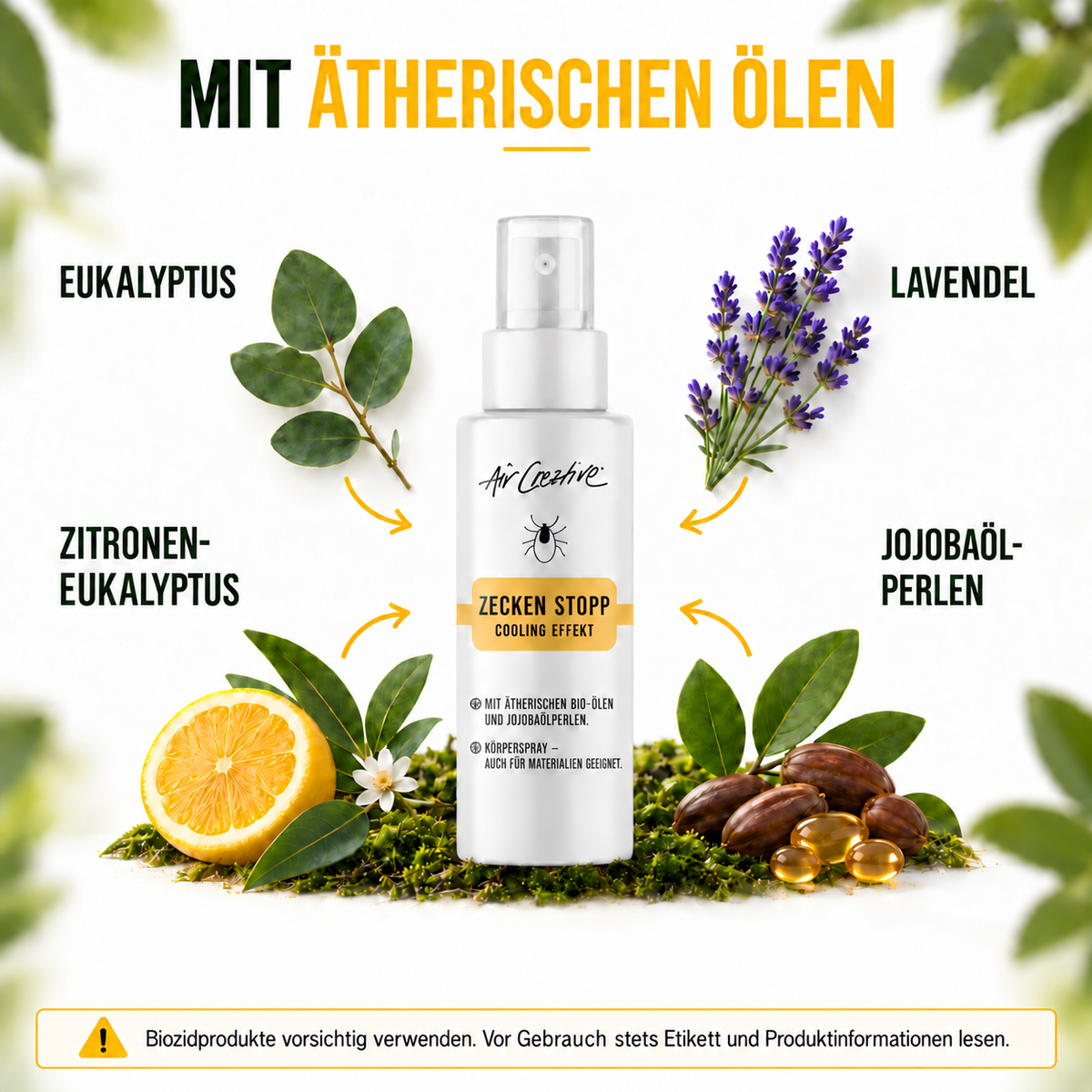 Zecken Stopp Körperspray mit ätherischen Ölen aus Eukalyptus, Zitroneneukalyptus, Lavendel und Jojobaölperlen