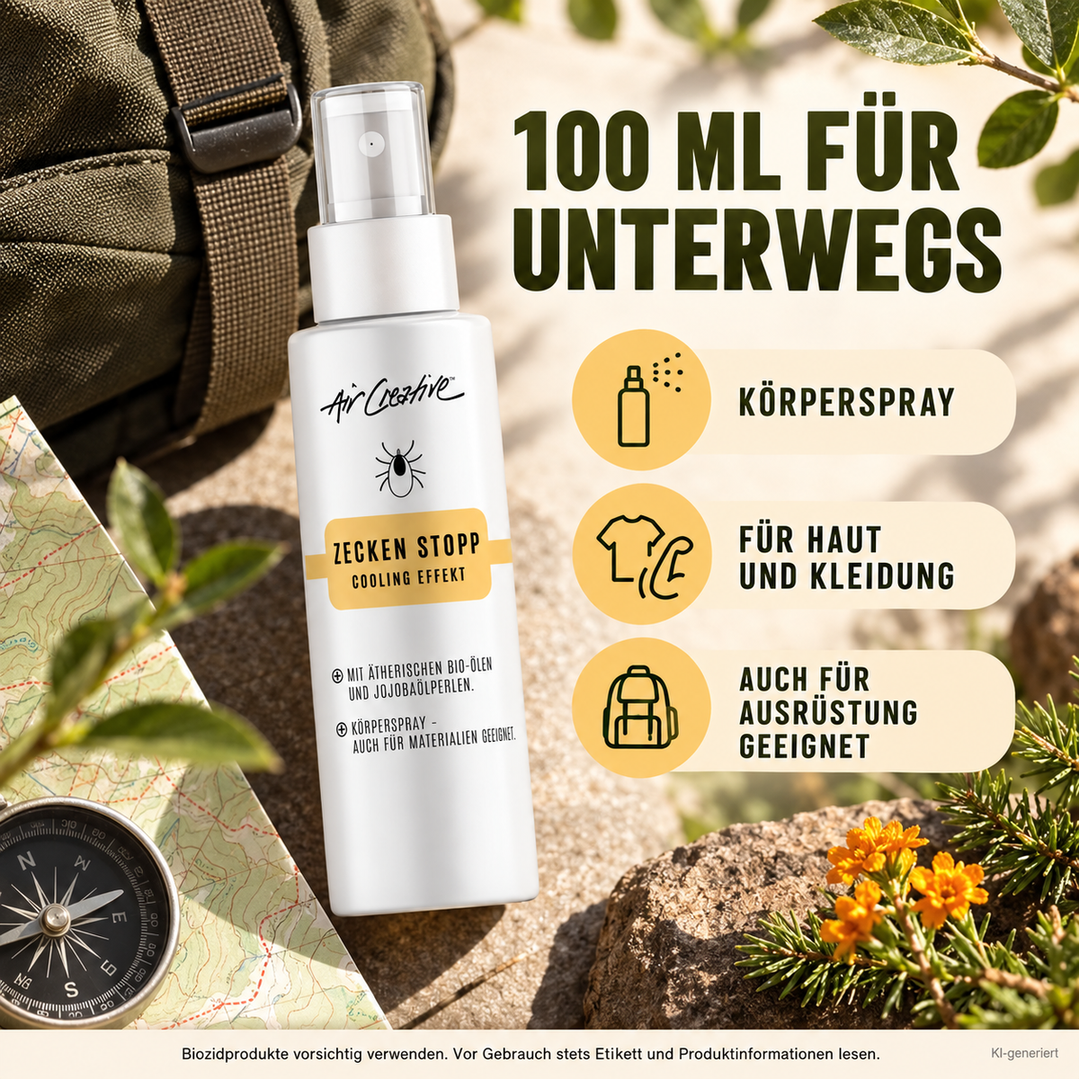 Zecken Stopp Körperspray 100 ml für unterwegs mit Karte und Kompass