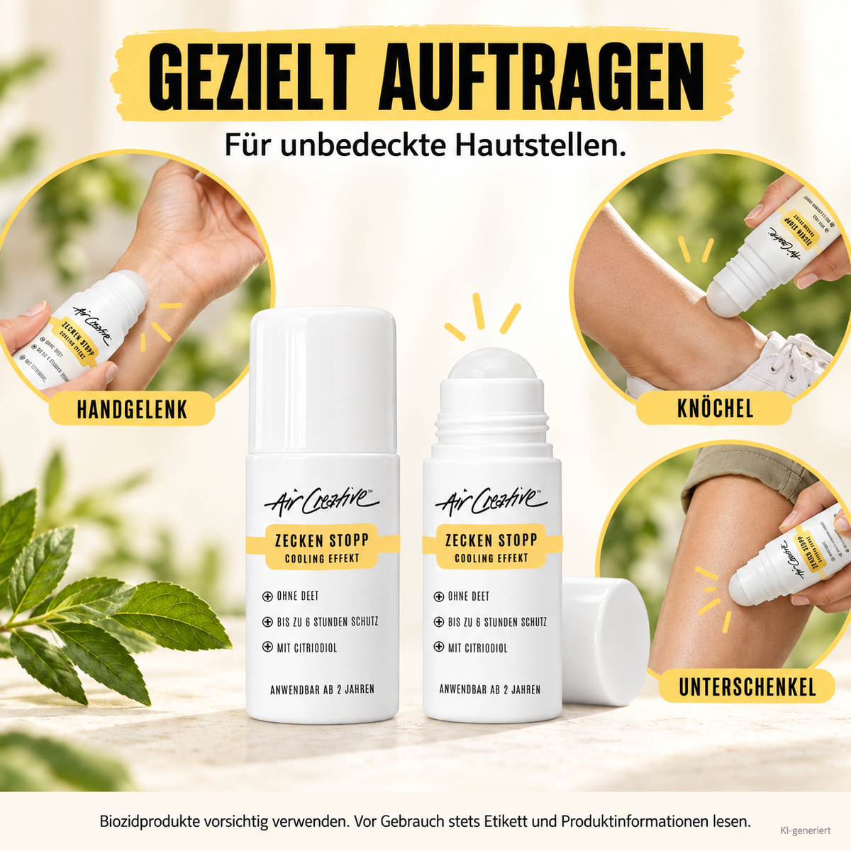 Roll-On Zecken Stopp gezielt auf Handgelenk, Knöchel und Unterschenkel auftragen