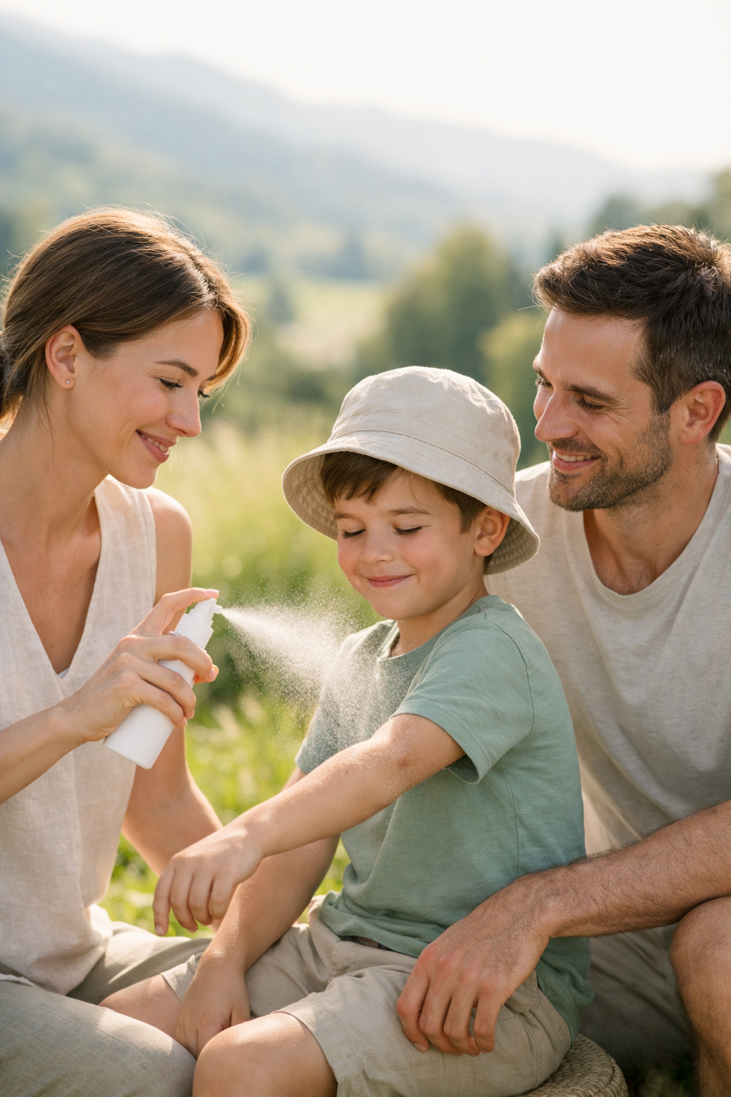Familie beim Auftragen von Insektenschutz